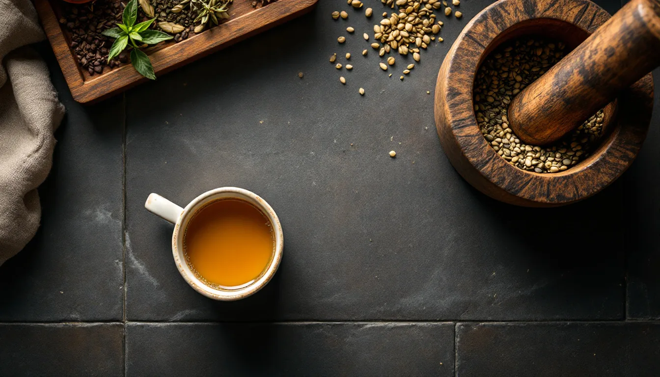 Mortar y mano moliendo hierbas secas junto a una taza de infusión dorada, ilustrando el apoyo natural para la prevención y tratamiento de la osteoporosis