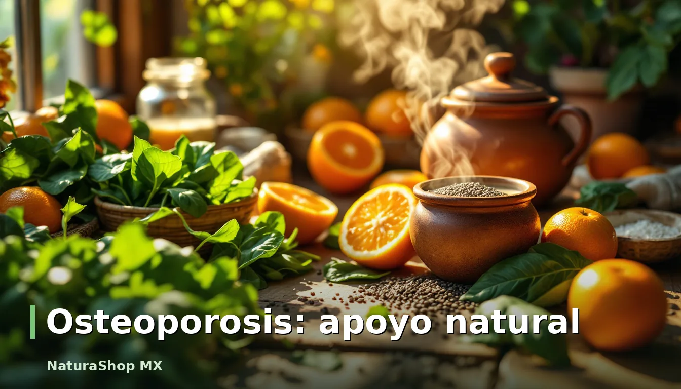 Mesa mexicana con espinacas frescas, semillas de chía y naranjas, sugiriendo un enfoque natural para la prevención y tratamiento de la osteoporosis