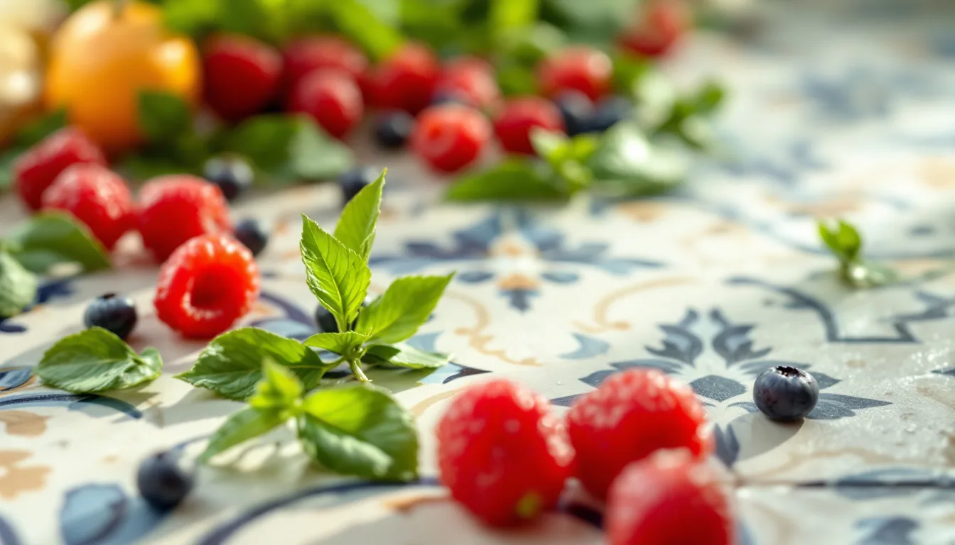Selección de frutas y hierbas frescas en un entorno mexicano, sugiriendo vitalidad y un enfoque natural para el bienestar