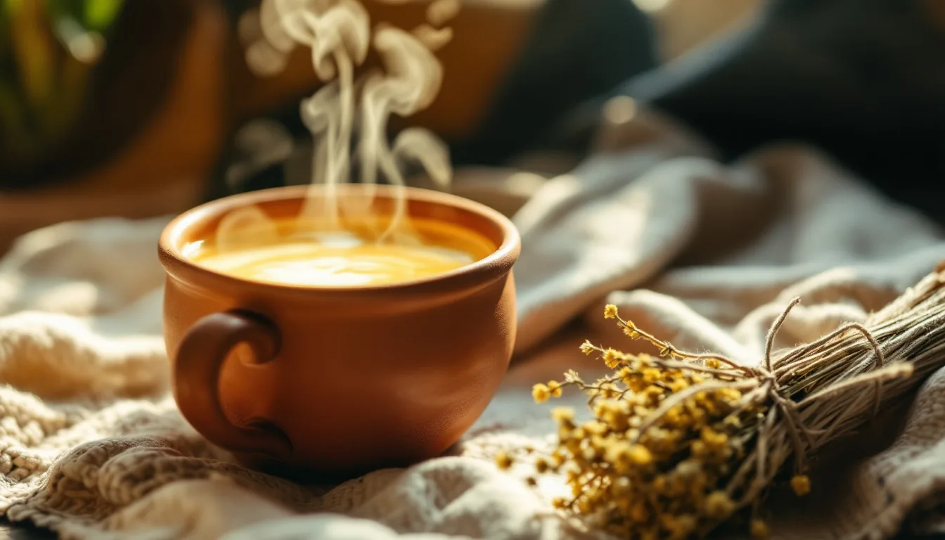 Una taza de barro con una infusión herbal humeante, sobre un tejido artesanal mexicano, transmitiendo calidez y apoyo natural para el bienestar renal