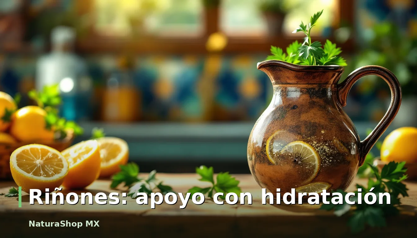 Una refrescante jarra de agua con rodajas de limón y perejil fresco sobre una mesa de madera con detalles de talavera