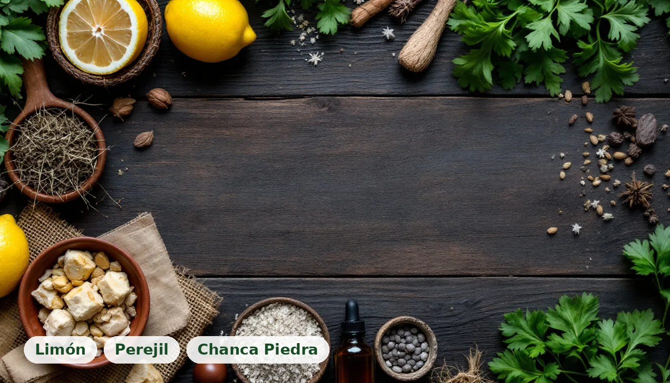 Una vista aérea de ingredientes naturales dispuestos sobre una superficie de madera rústica, con un cuenco de barro