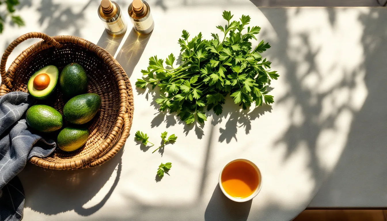 Cesta de aguacates y perejil frescos junto a una taza de té herbal para el apoyo de la presión alta