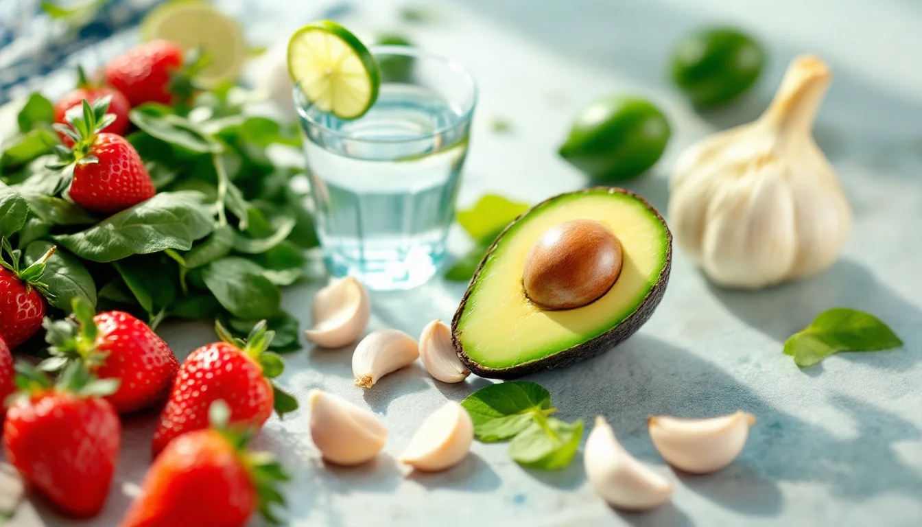 Una colorida y fresca composición de frutas y verduras saludables como fresas, aguacate y espinacas en una superficie decorada, representando el bienestar