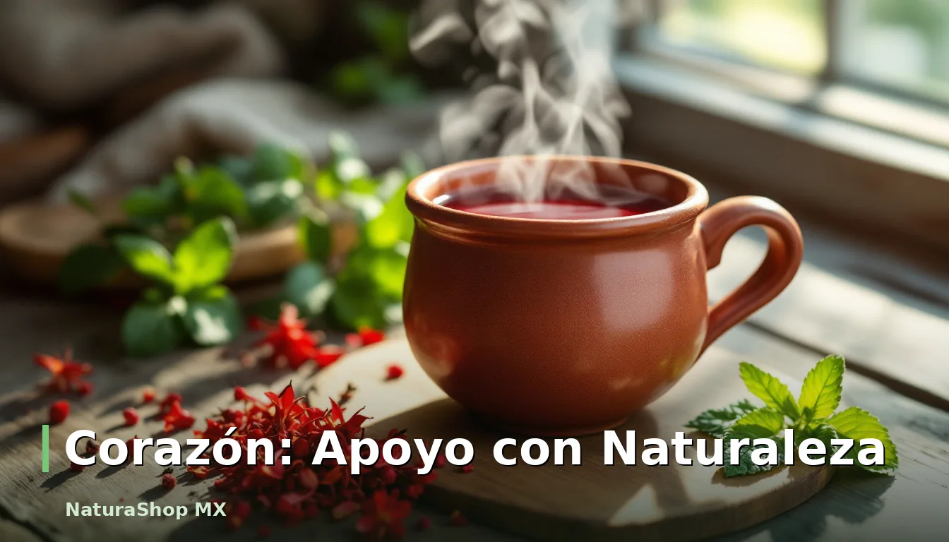 Una infusión humeante de flor de jamaica en una taza de barro sobre una mesa de madera rústica, simbolizando el apoyo natural para el corazón y el bienestar