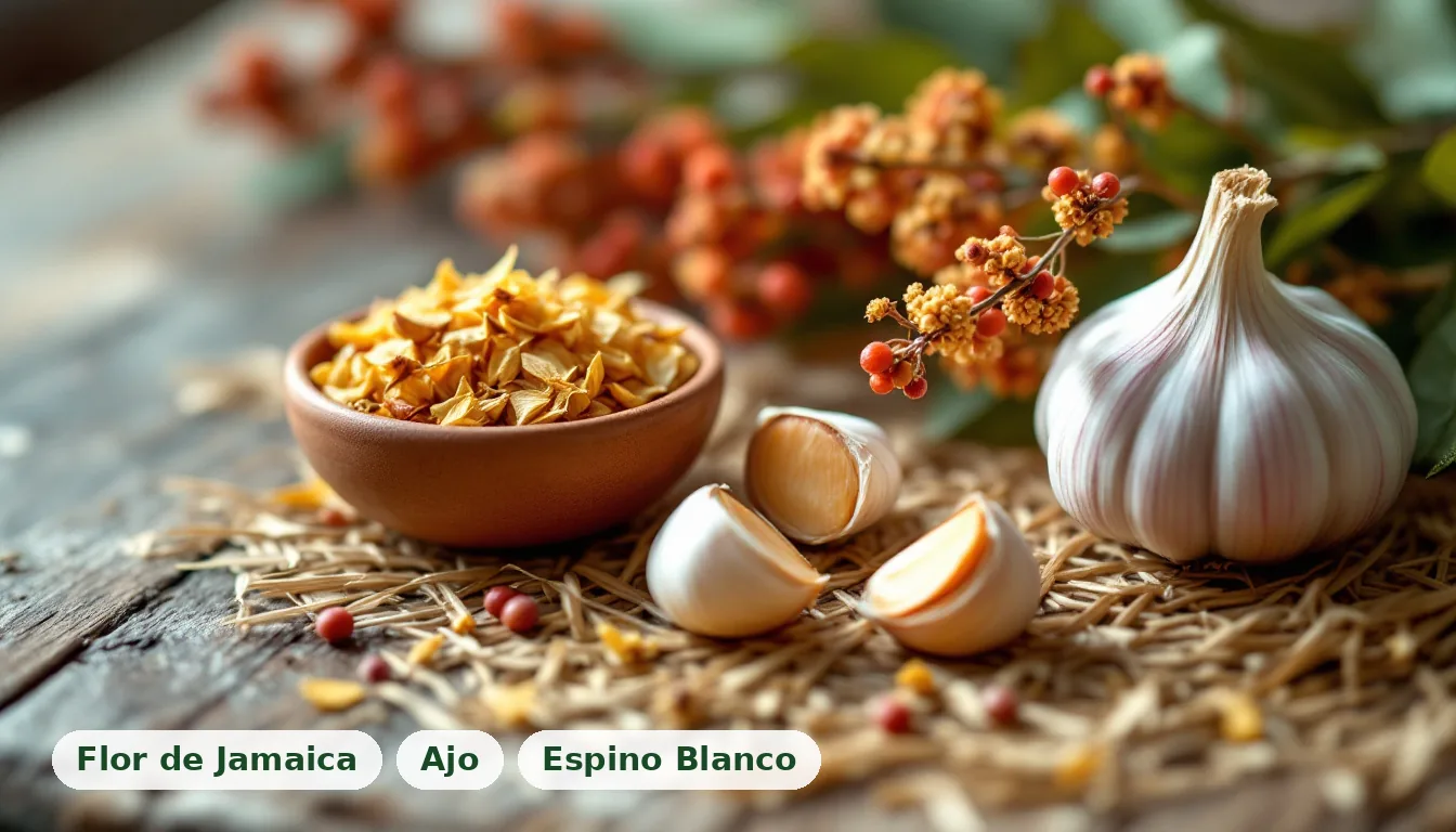 Una composición de ingredientes naturales como flores secas, ajos frescos y bayas sobre un tapete tejido, mostrando la autenticidad del apoyo natural para el corazón