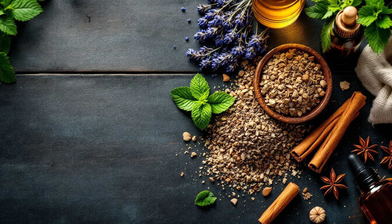 Hierbas frescas y especias en mesa rústica, sugiriendo frescura y calma para el apoyo natural de la ansiedad