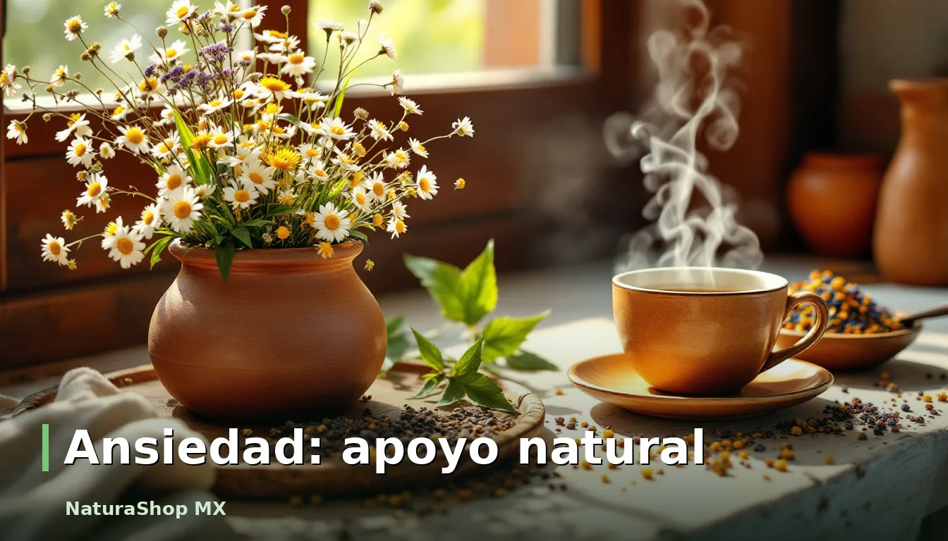 Infusión de manzanilla y valeriana en taza de barro, con pasiflora, para apoyo natural contra la ansiedad en México
