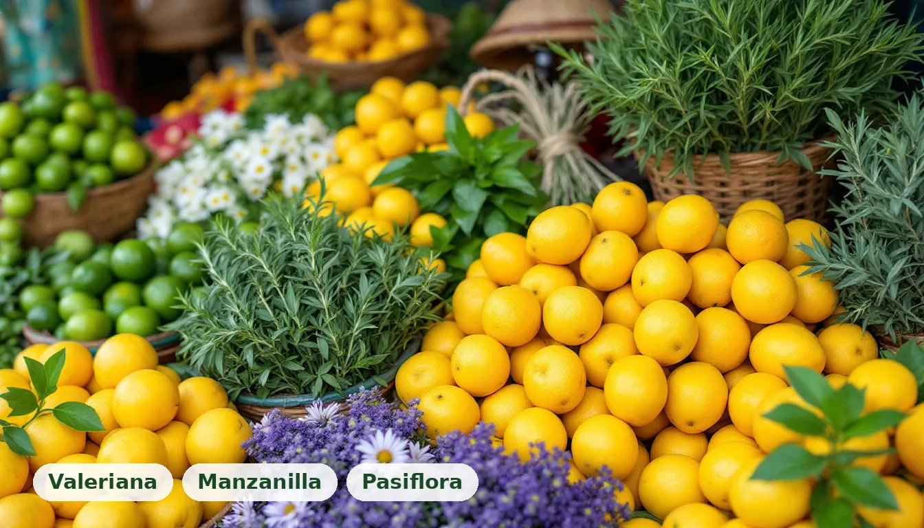 Selección vibrante de hierbas frescas y cítricos en un mercado mexicano, representando ingredientes para apoyo natural contra