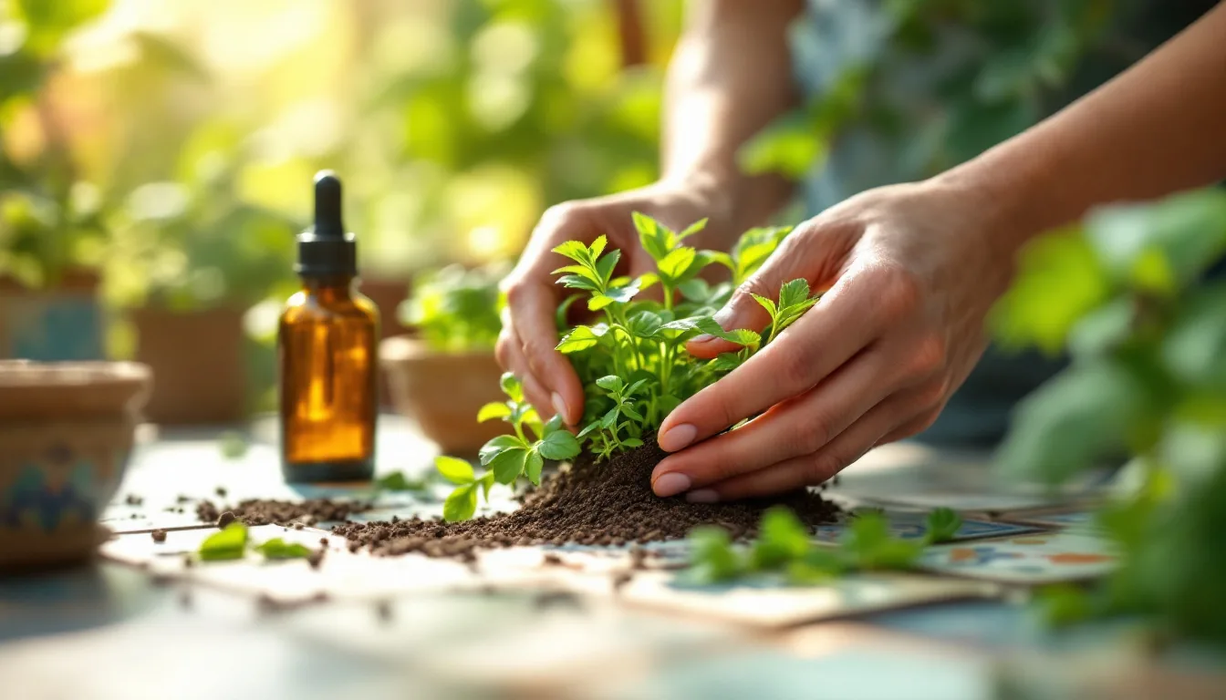Manos cultivando un jardín de hierbas frescas bajo el sol, evocando energía renovada y el beneficio del apoyo natural para la tiroides lenta
