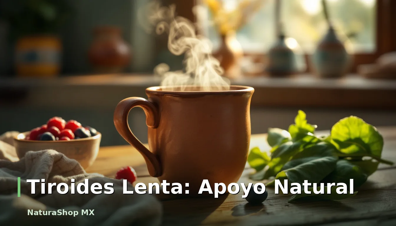 Un ambiente de cocina cálido con una taza de infusión de hierbas y frutos rojos, transmitiendo bienestar y apoyo natural para la tiroides lenta