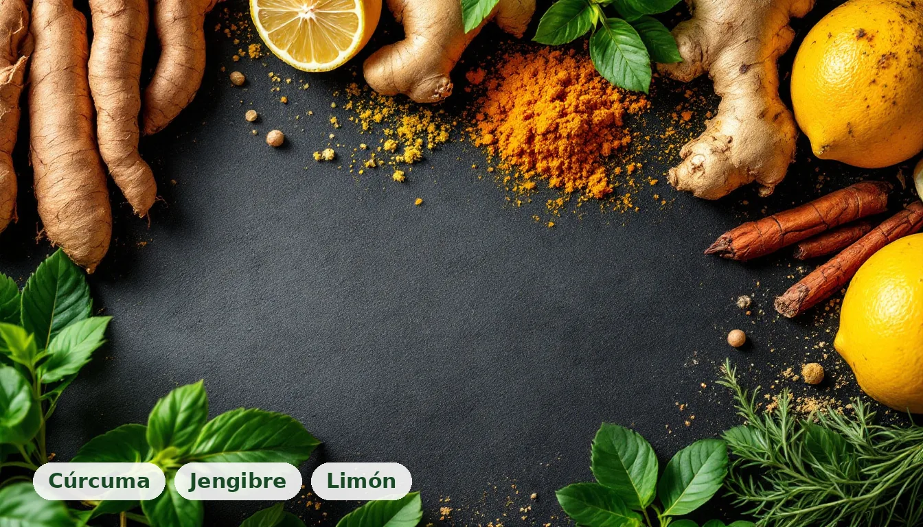 Una disposición artística de ingredientes naturales frescos como raíces y cítricos sobre una superficie de barro, representando el apoyo integral para la tiroides lenta