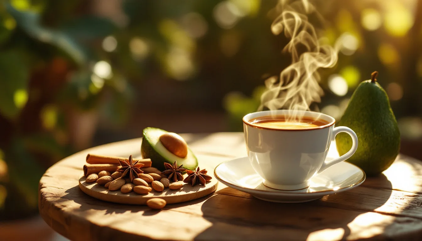 Té de hierbas humeante con canela y anís, junto a almendras y aguacate, para un enfoque natural en triglicéridos altos