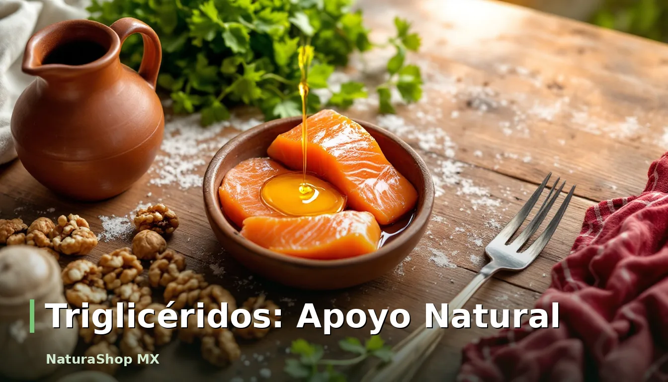 Comida saludable como salmón, nueces y aceite de oliva, ofreciendo apoyo natural para triglicéridos altos