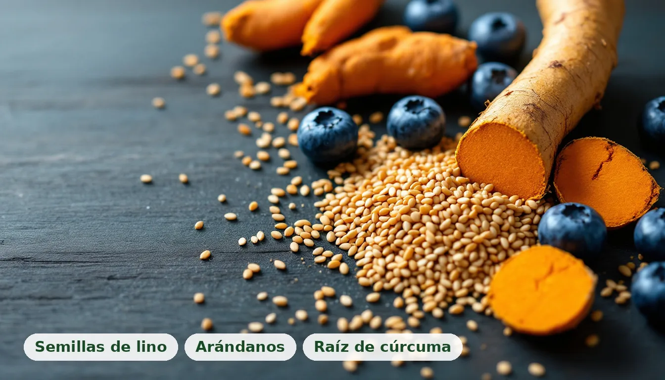 Semillas de lino, arándanos y raíz de cúrcuma fresca en una composición atractiva, parte de un tratamiento natural para triglicéridos altos